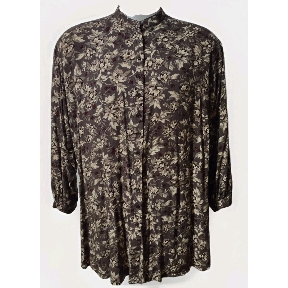Kathryn Deene Shirt 22/24 Womens Boho Cottage Core Floral Tunic Brown Plus Size